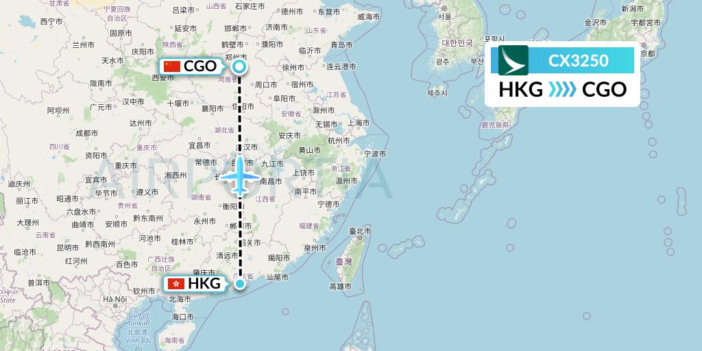 CX3250 Cathay Pacific Flight Map: Hong Kong to Zhengzhou