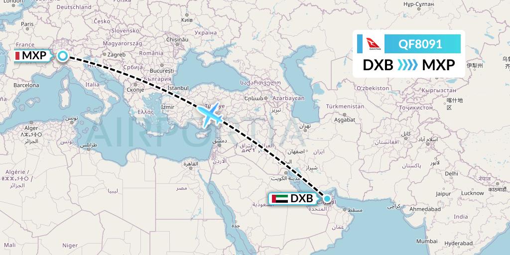 QF8091 Qantas Flight Map: Dubai to Milan