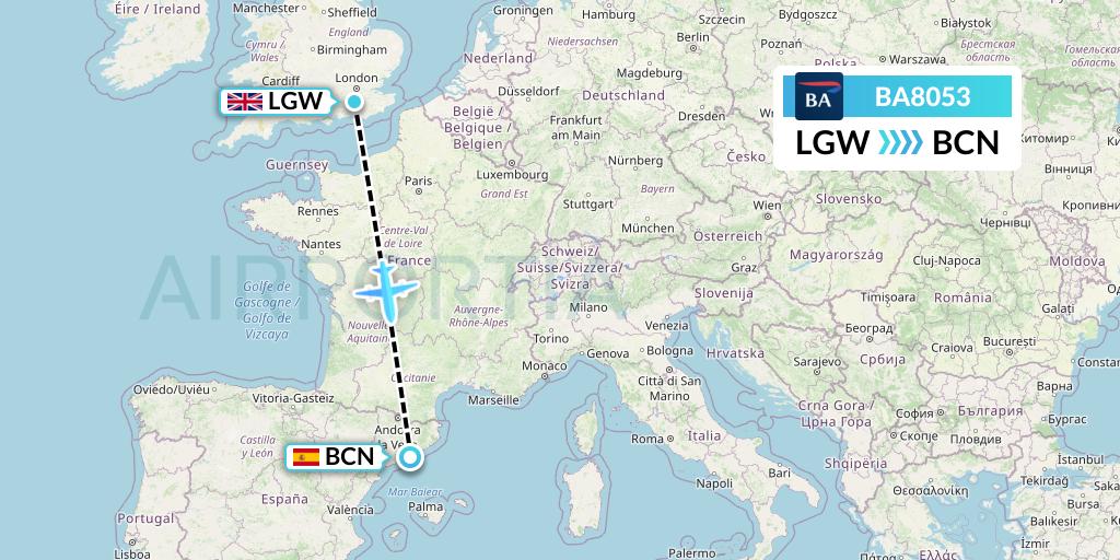 BA8053 British Airways Flight Map: London to Barcelona