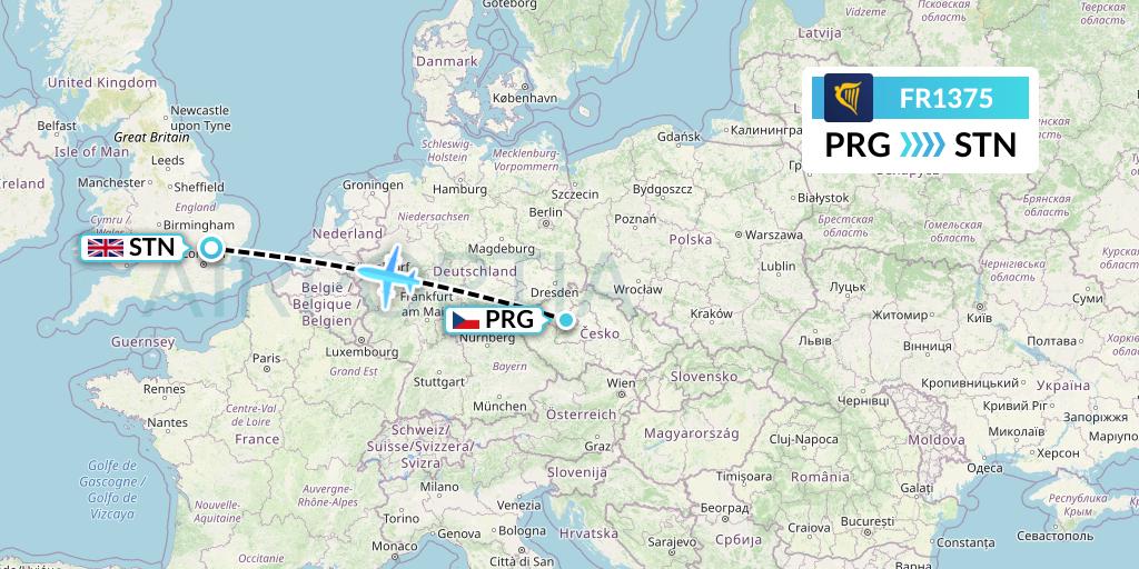 FR1375 Ryanair Flight Map: Prague to London
