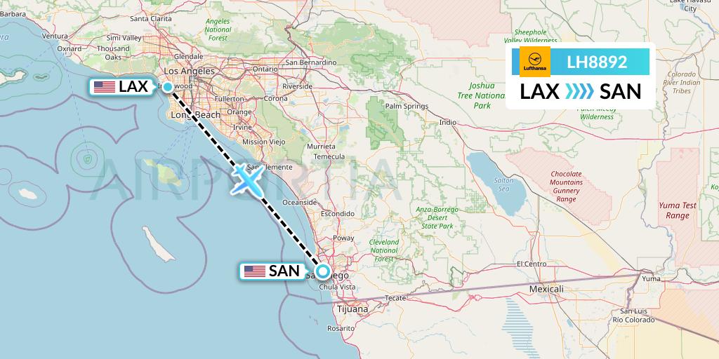 LH8892 Lufthansa Flight Map: Los Angeles to San Diego