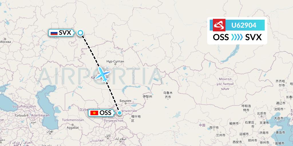 U62904 Ural Airlines Flight Map: Osh to Yekaterinburg