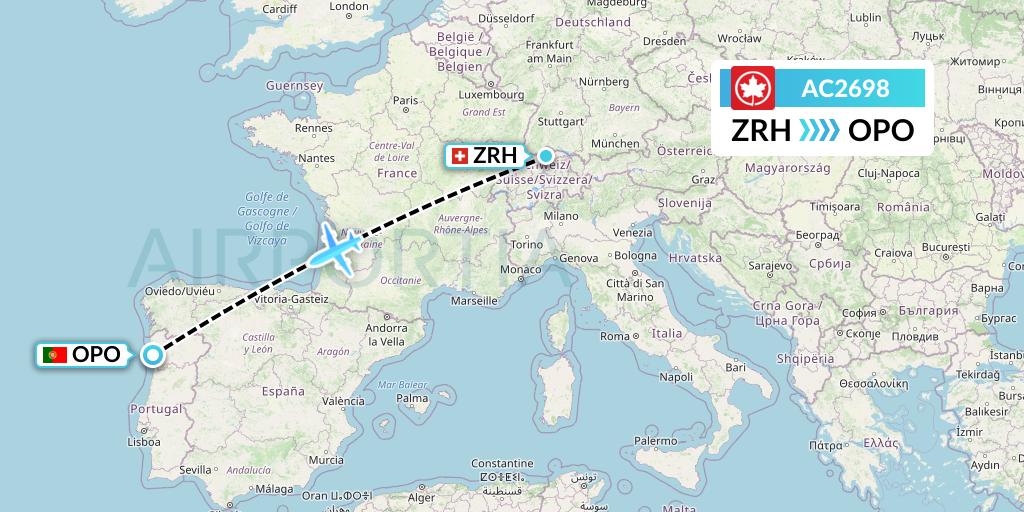 AC2698 Air Canada Flight Map: Zurich to Porto