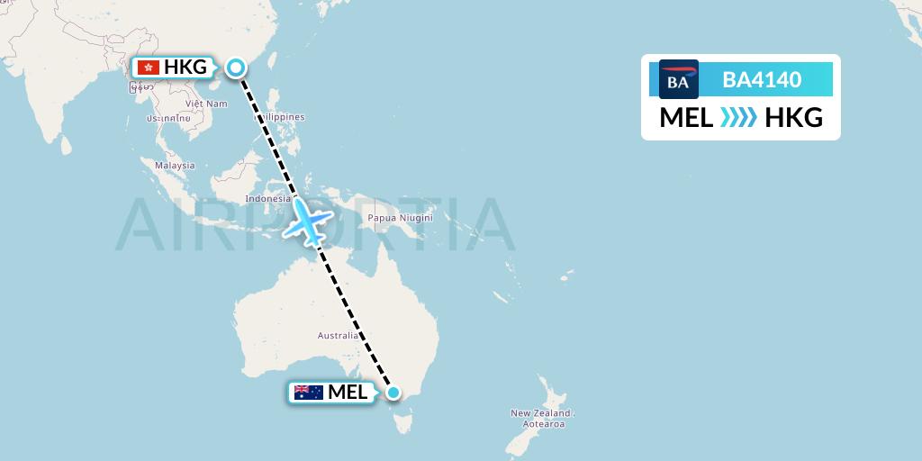 BA4140 British Airways Flight Map: Melbourne to Hong Kong