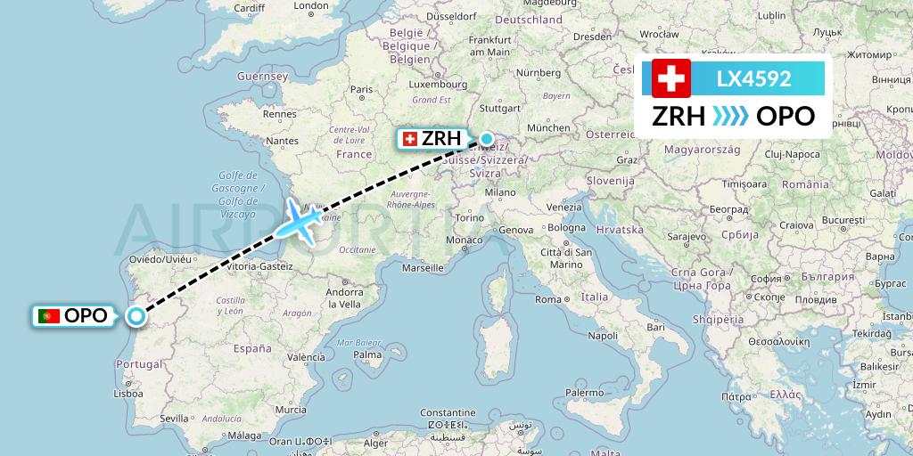LX4592 Swiss Flight Map: Zurich to Porto