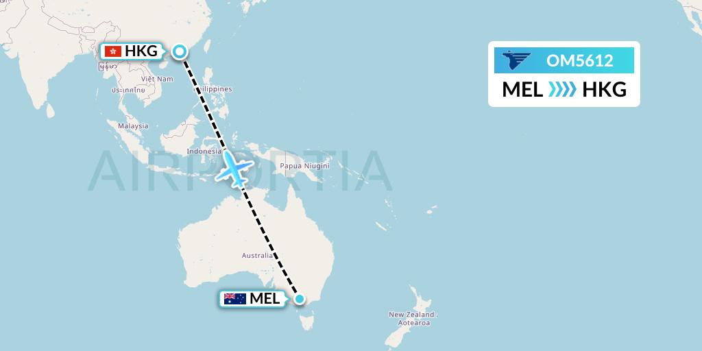 OM5612 MIAT Mongolian Airlines Flight Map: Melbourne to Hong Kong