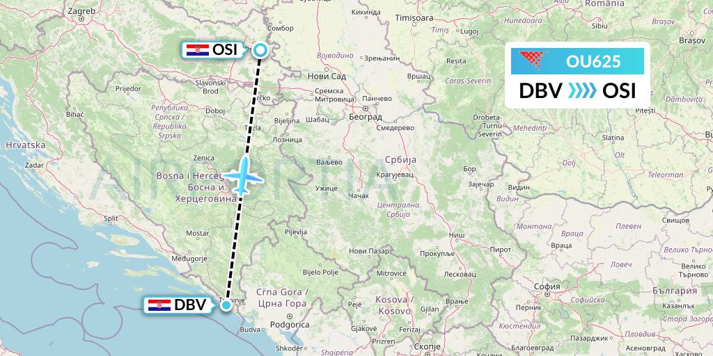 OU625 Croatia Airlines Flight Map: Dubrovnik to Osijek