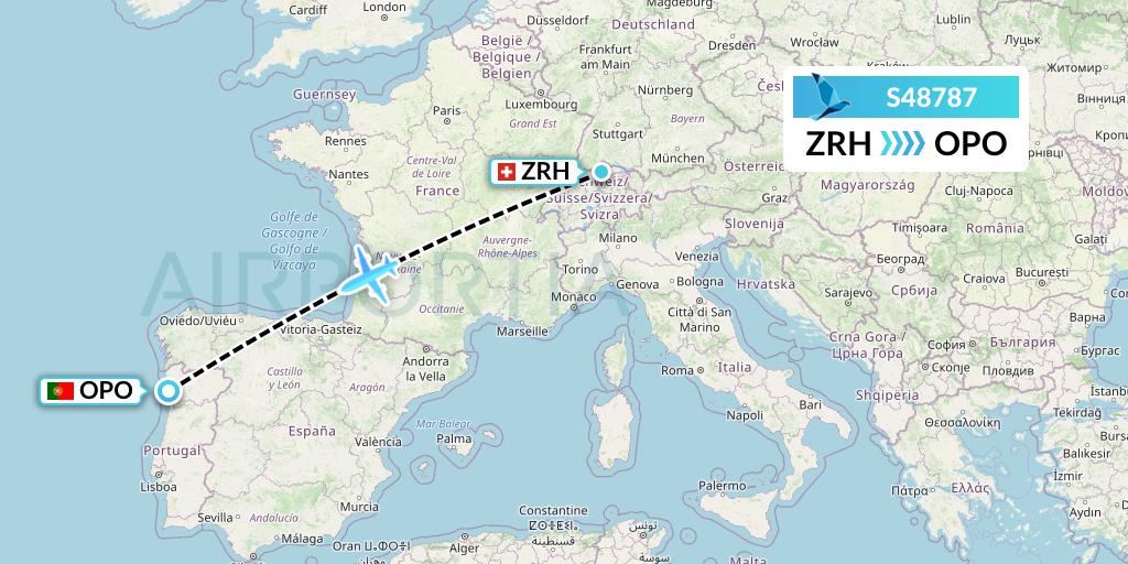 S48787 Azores Airlines Flight Map: Zurich to Porto
