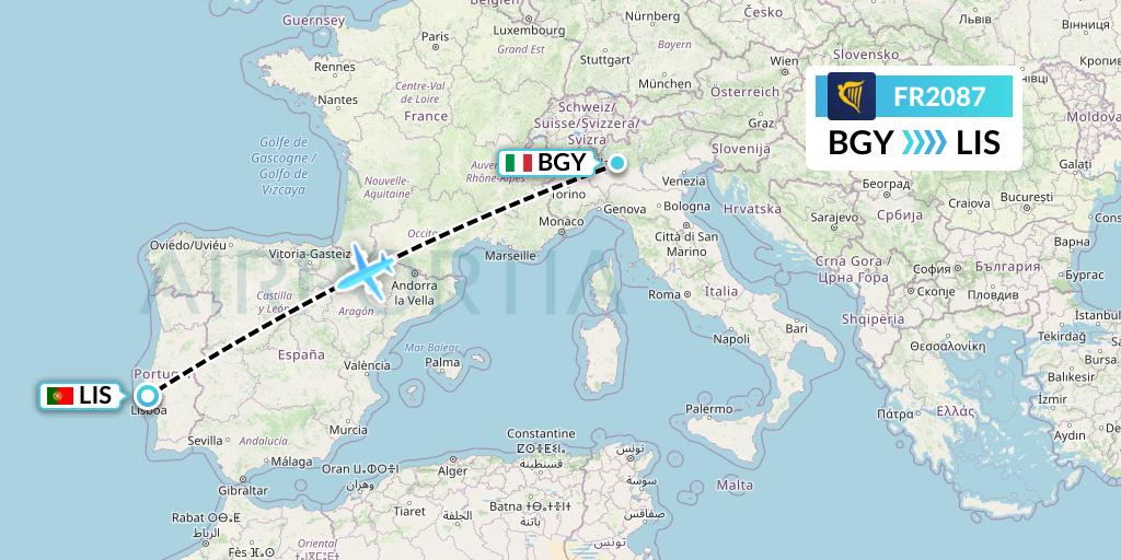 FR2087 Ryanair Flight Map: Milan to Lisbon
