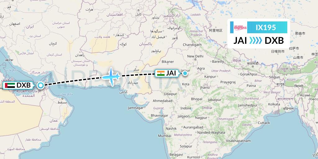 IX195 Air India Express Flight Map: Jaipur to Dubai