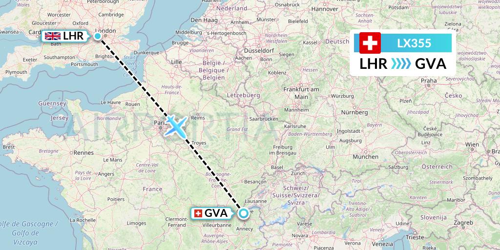 LX355 Swiss Flight Map: London to Geneva