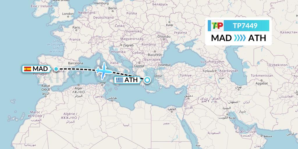 TP7449 TAP Portugal Flight Map: Madrid to Athens