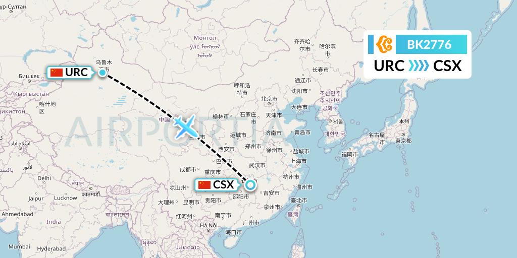 BK2776 Okay Airways Flight Map: Urumqi to Changsha