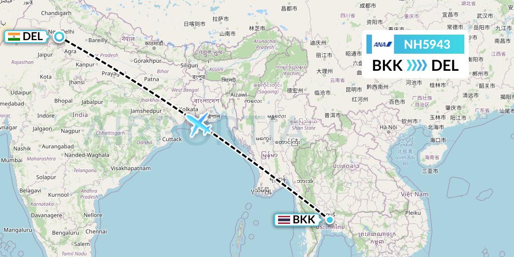 NH5943 All Nippon Airways Flight Map: Bangkok to Delhi