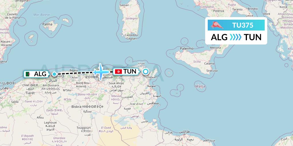 TU375 Tunisair Flight Map: Algiers to Tunis