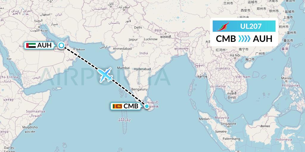 UL207 SriLankan Airlines Flight Map: Colombo to Abu Dhabi