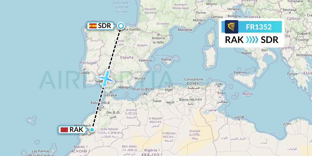 FR1352 Ryanair Flight Map: Marrakesh to Santander