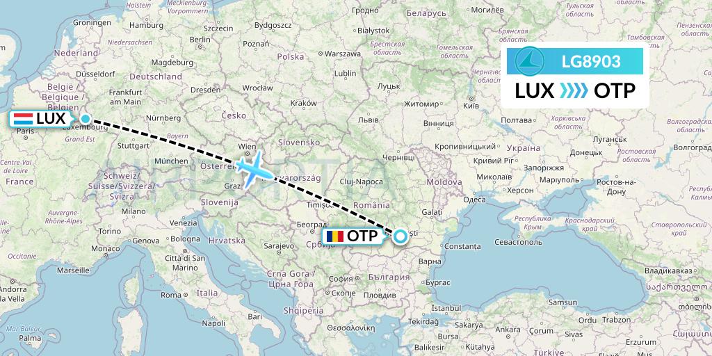 LG8903 Luxair Flight Map: Luxembourg to Bucharest
