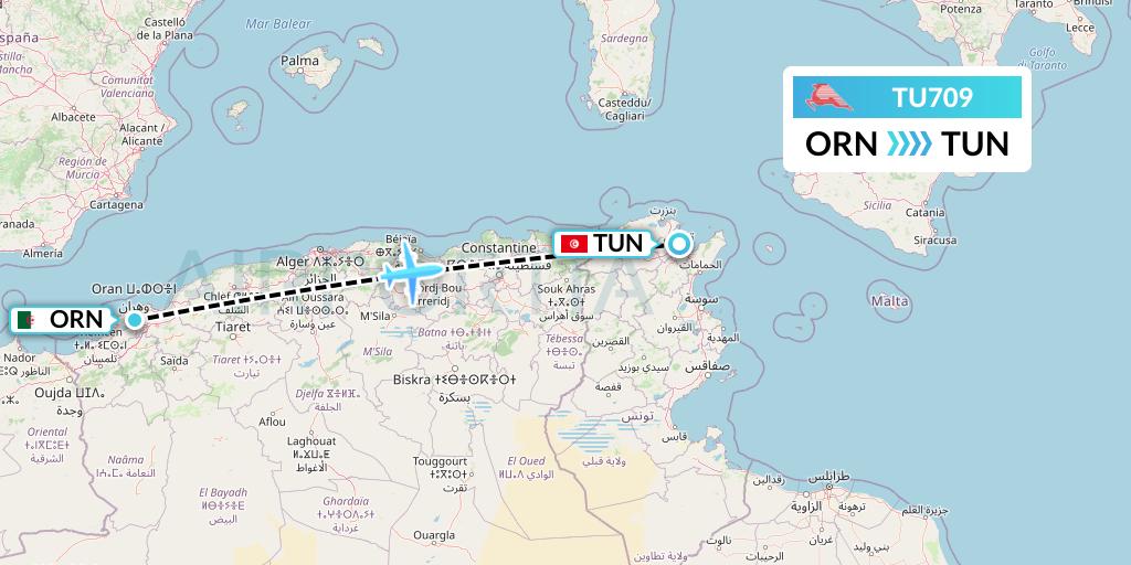 TU709 Tunisair Flight Map: Oran to Tunis
