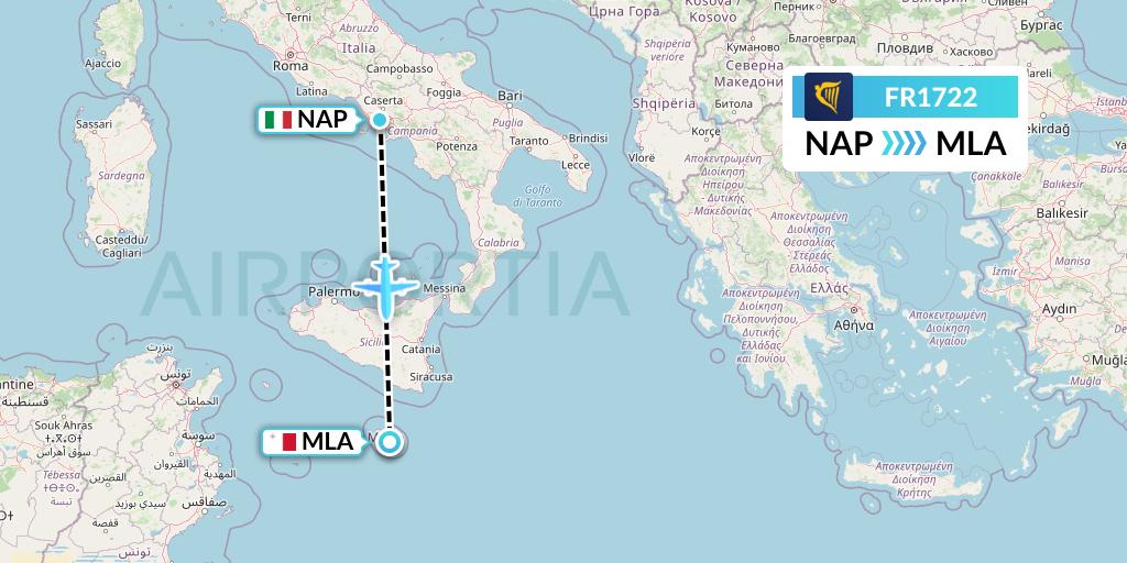 FR1722 Ryanair Flight Map: Naples to Malta