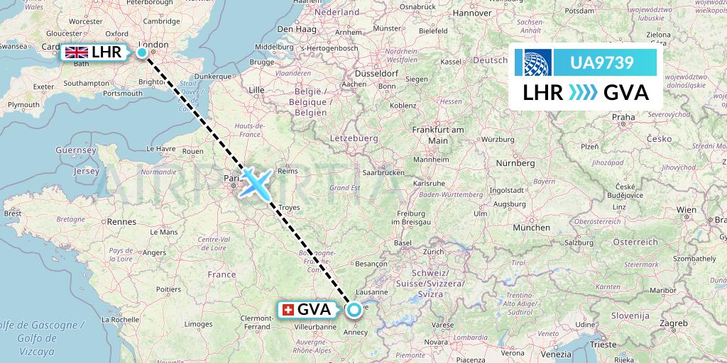 UA9739 United Airlines Flight Map: London to Geneva