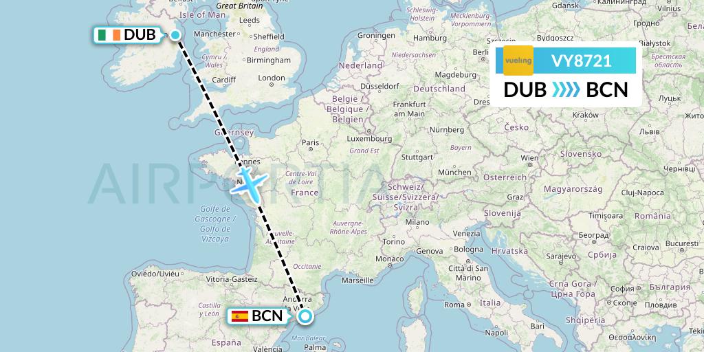 VY8721 Vueling Flight Map: Dublin to Barcelona