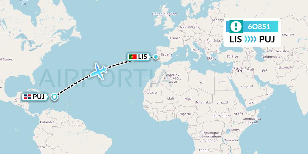 6O851 Orbest Flight Map: Lisbon to Punta Cana