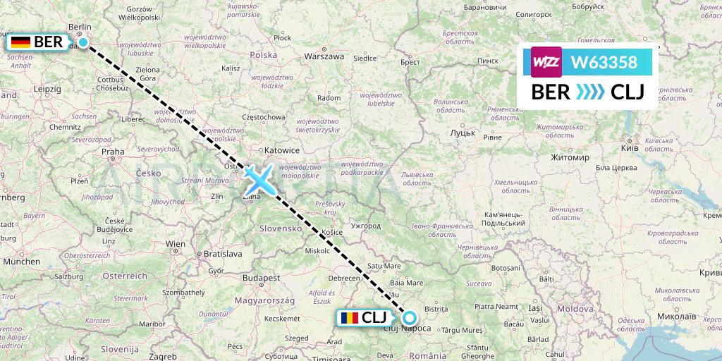 W63358 Wizz Air Flight Map: Berlin to Cluj-Napoca
