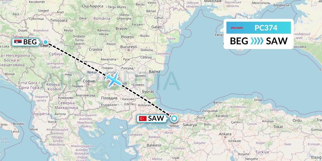 PC374 Pegasus Airlines Flight Map: Belgrade to Istanbul
