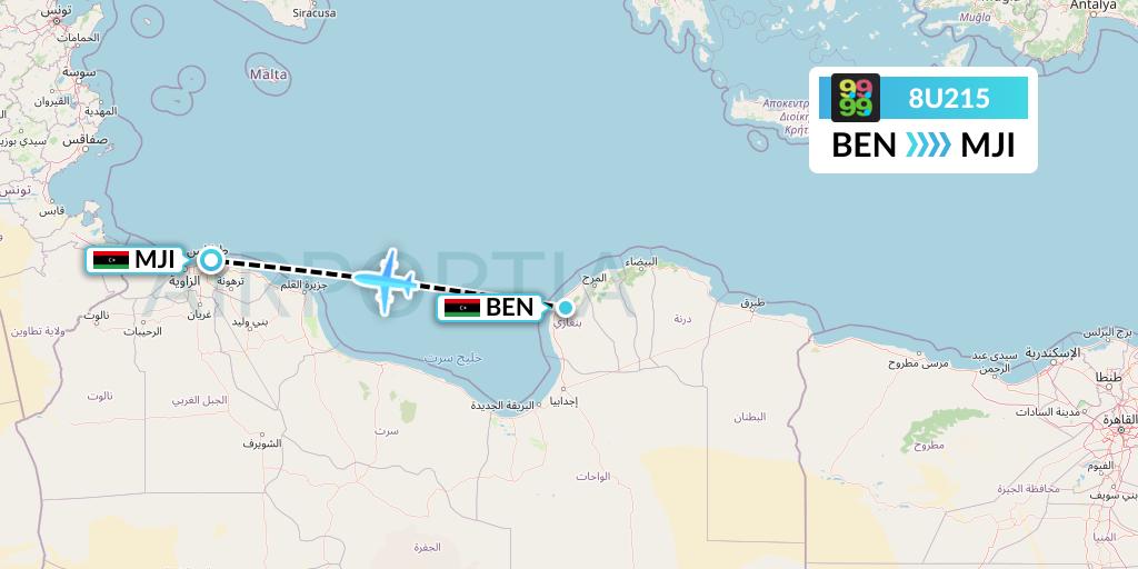 8U215 Afriqiyah Airways Flight Map: Benghazi to Tripoli