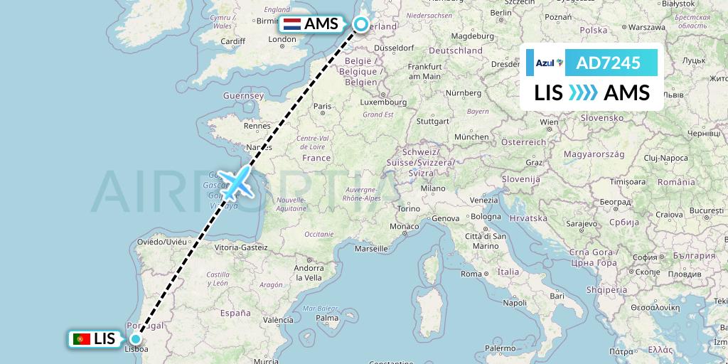 AD7245 Azul Brazilian Airlines Flight Map: Lisbon to Amsterdam