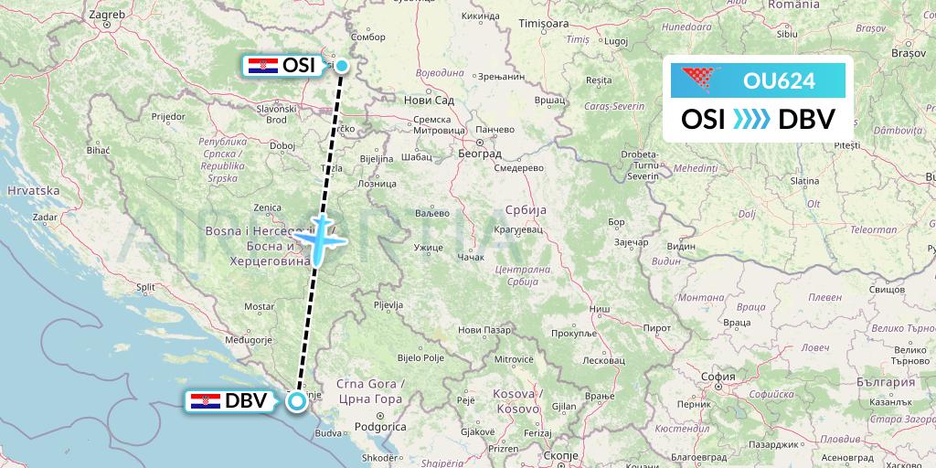OU624 Croatia Airlines Flight Map: Osijek to Dubrovnik