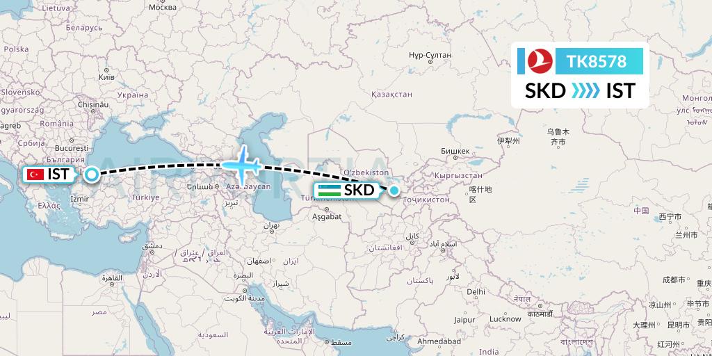 TK8578 Turkish Airlines Flight Map: Samarkand to Istanbul