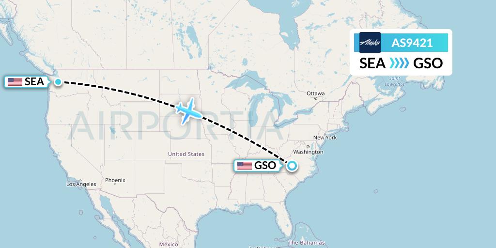 AS9421 Alaska Airlines Flight Map: Seattle to Greensboro