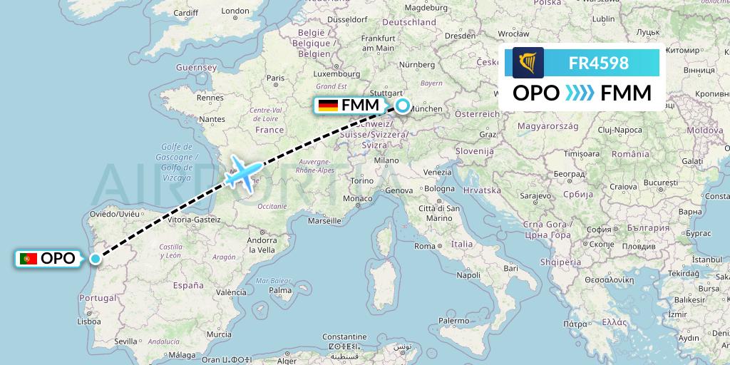 FR4598 Ryanair Flight Map: Porto to Memmingen