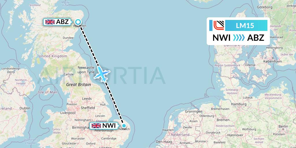 LM15 Loganair Flight Map: Norwich to Aberdeen