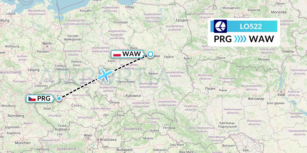 LO522 LOT Flight Map: Prague to Warsaw