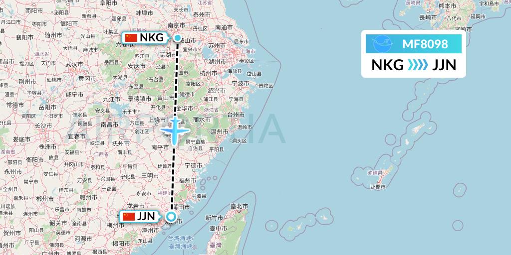 MF8098 Xiamen Airlines Flight Map: Nanjing to Jinjiang
