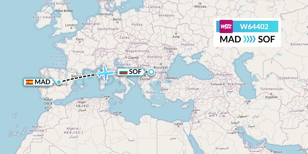 W64402 Wizz Air Flight Map: Madrid to Sofia