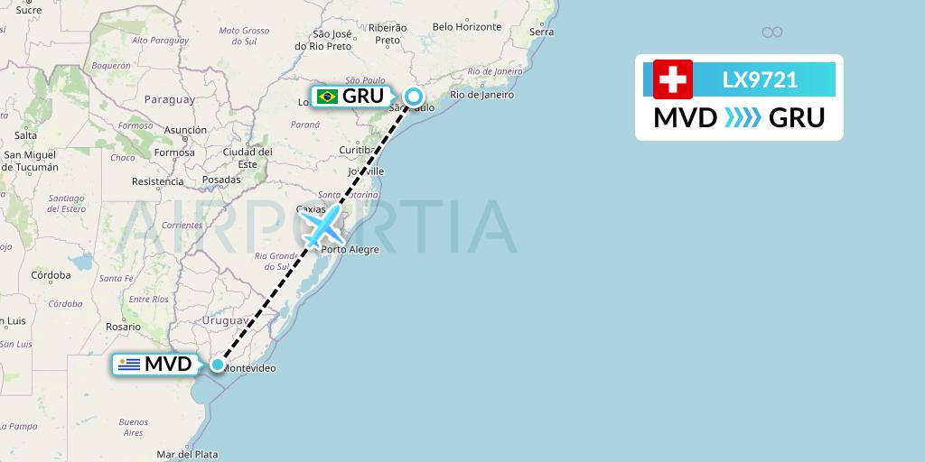 LX9721 Swiss Flight Map: Montevideo to Sao Paulo