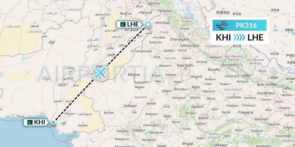 PK316 Pakistan International Airlines Flight Map: Karachi to Lahore