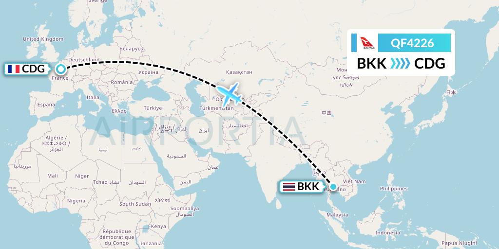 QF4226 Qantas Flight Map: Bangkok to Paris