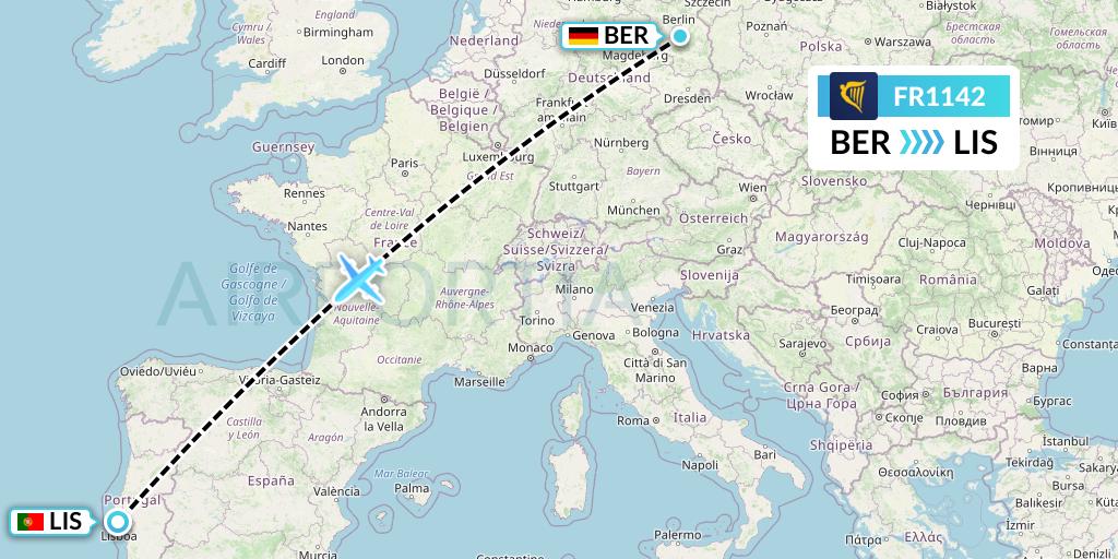 FR1142 Ryanair Flight Map: Berlin to Lisbon