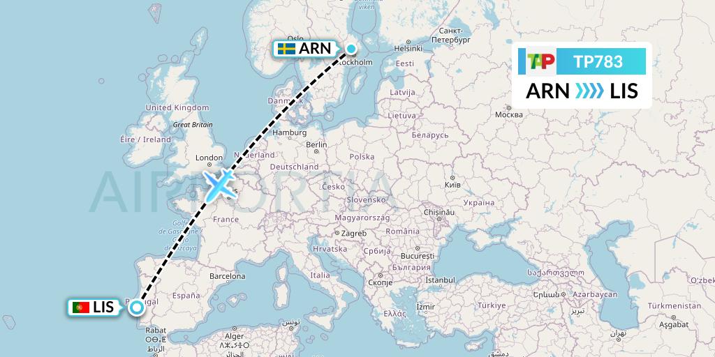 TP783 TAP Portugal Flight Map: Stockholm to Lisbon