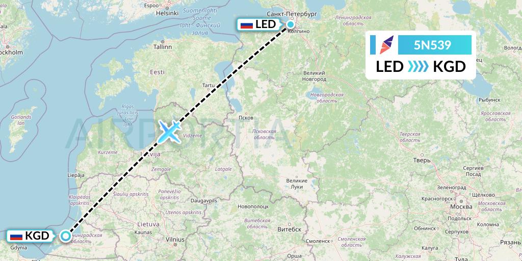 5N539 Nordavia Flight Map: St. Petersburg to Kaliningrad