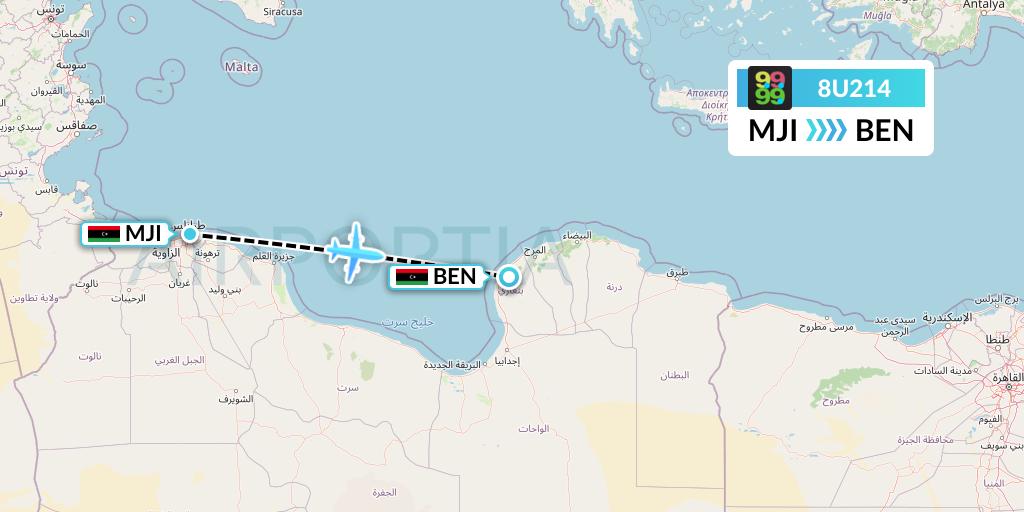 8U214 Afriqiyah Airways Flight Map: Tripoli to Benghazi
