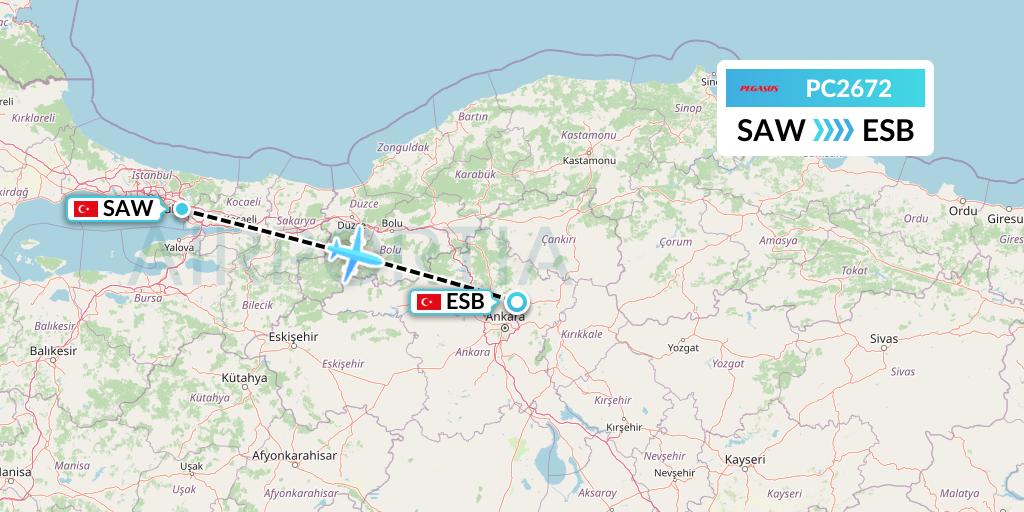 PC2672 Pegasus Airlines Flight Map: Istanbul to Ankara