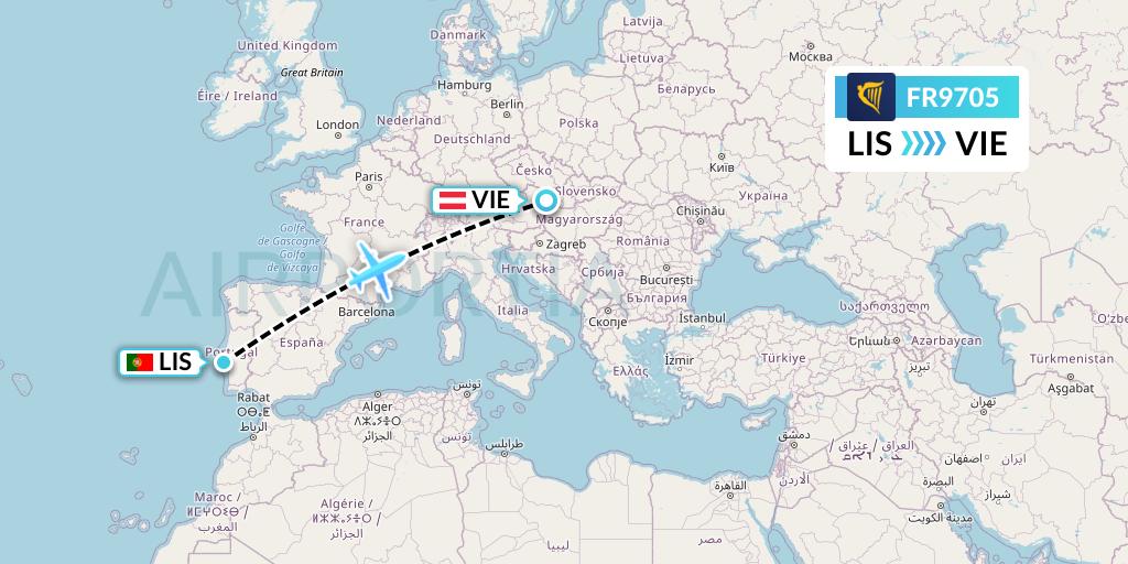 FR9705 Ryanair Flight Map: Lisbon to Vienna