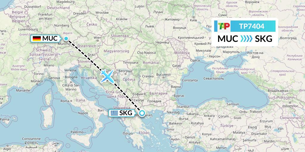 TP7404 TAP Portugal Flight Map: Munich to Thessaloniki