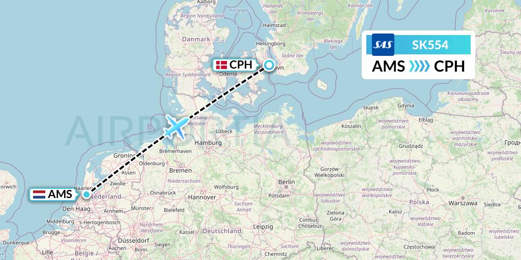 SK554 SAS Flight Map: Amsterdam to Copenhagen